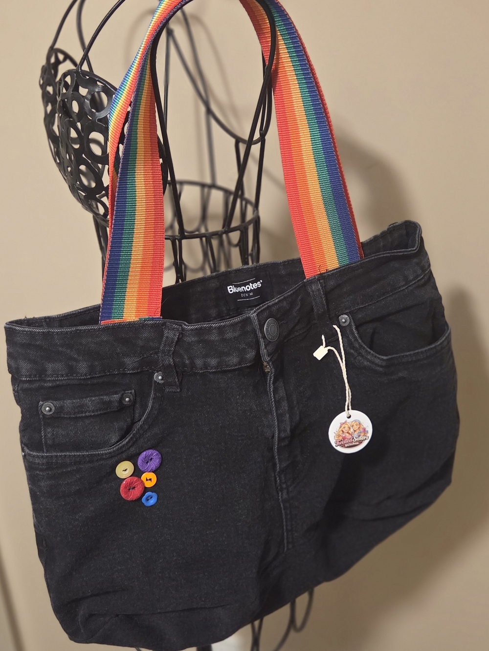 Black Denim Tote with Rainbow Straps